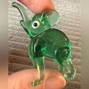 Vintage Green Art Handblown Miniature Glass Elephant Trunk Up  Figurine
